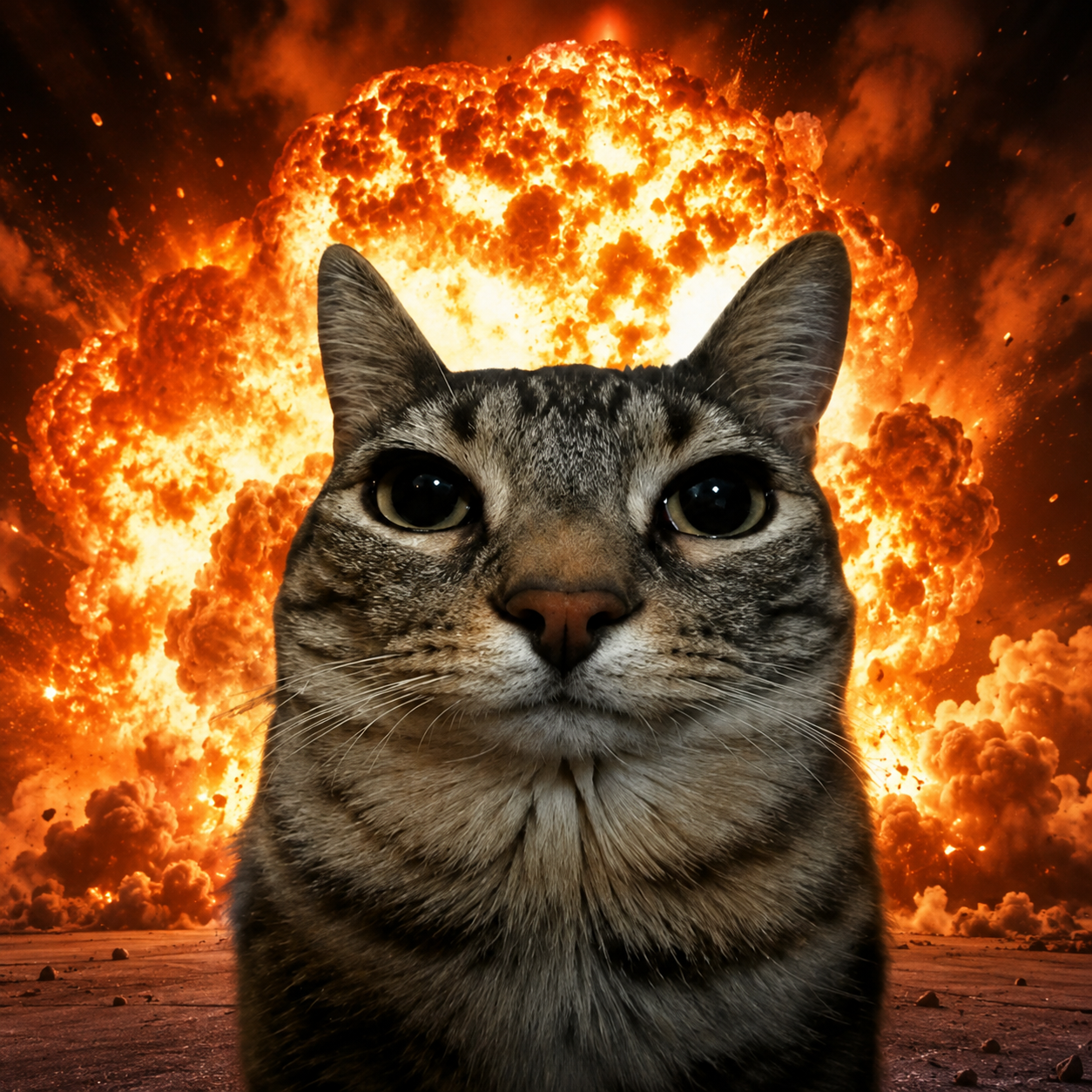 A tabby cat sitting calmly in front of a massive fireball explosion