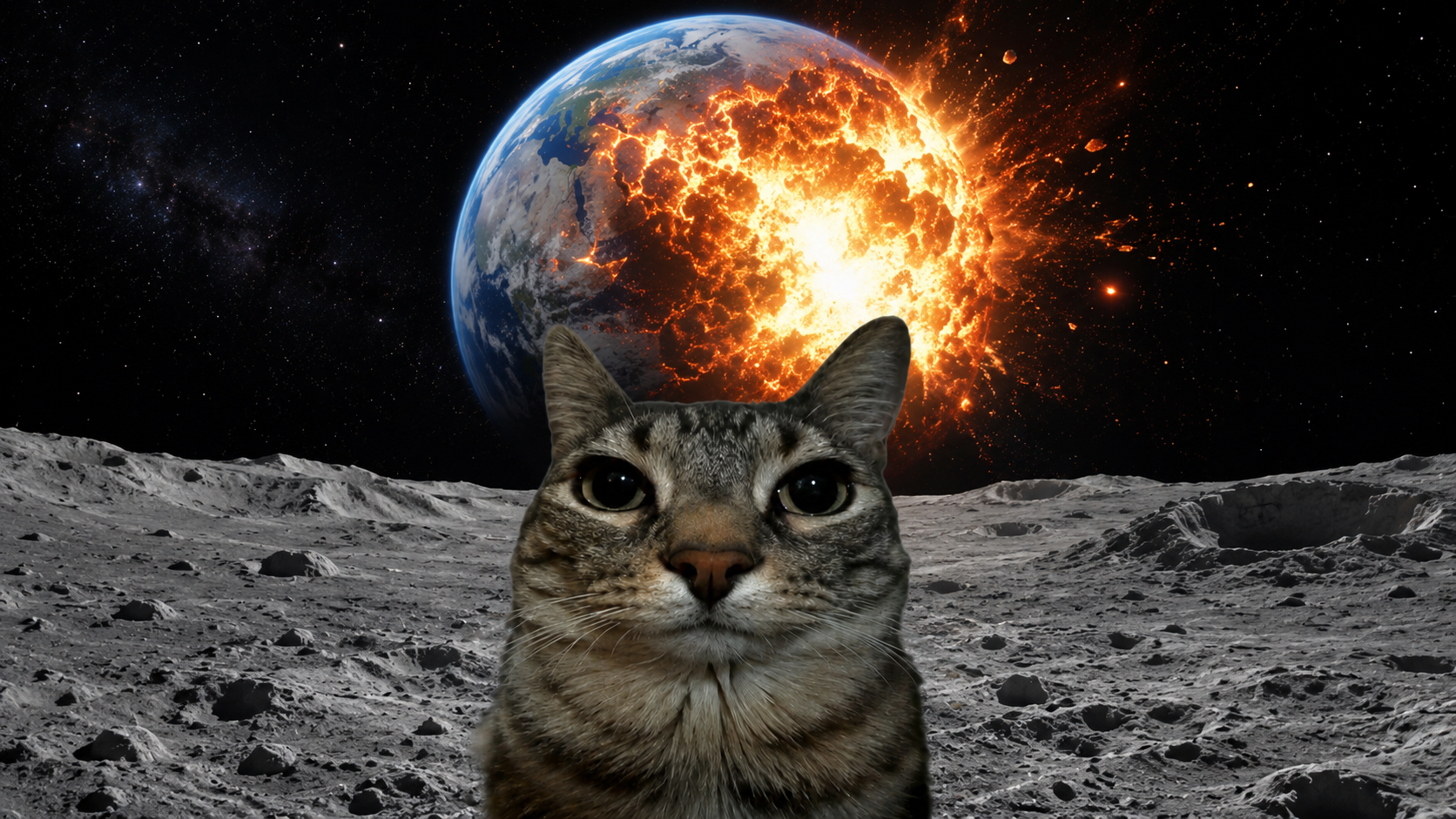 A cat on the moon watching Earth explode in the distance