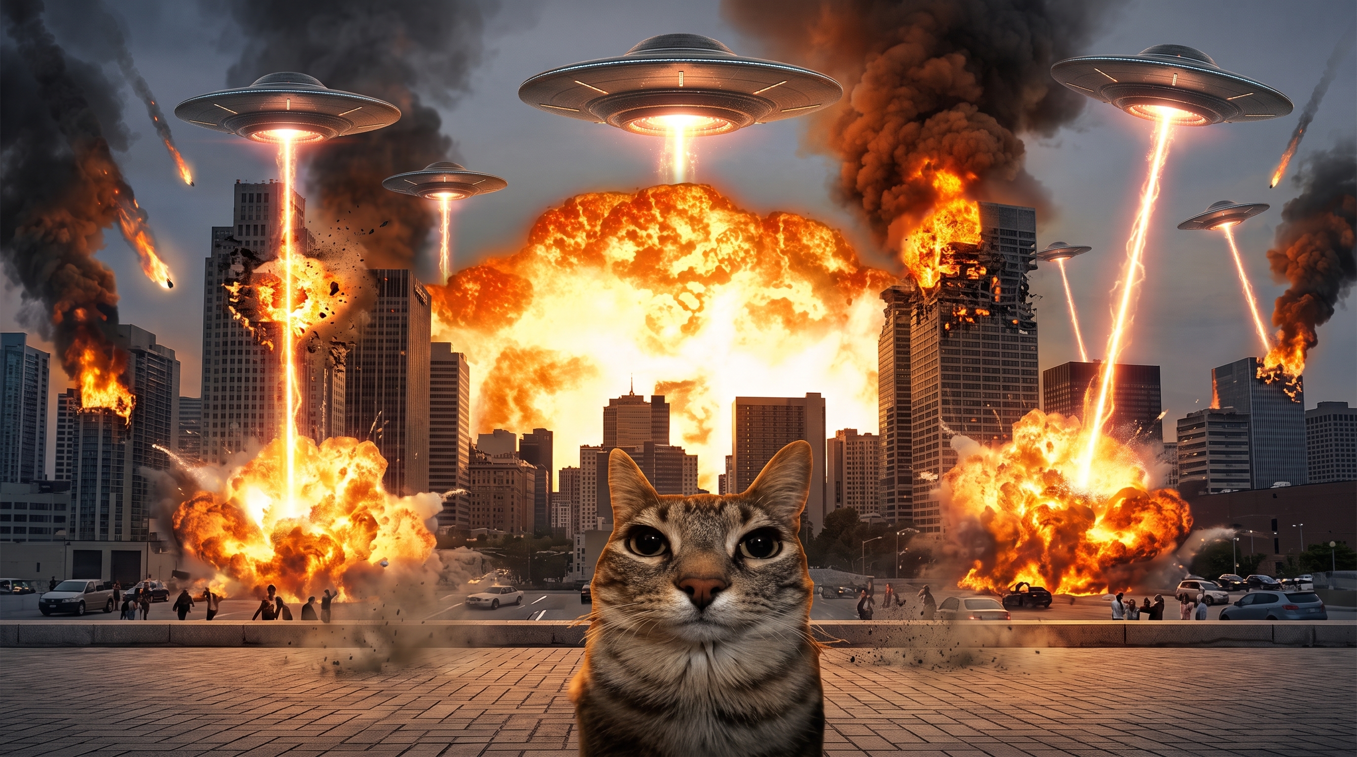 A cat sitting calmly in front of a city under alien invasion with explosions and UFOs